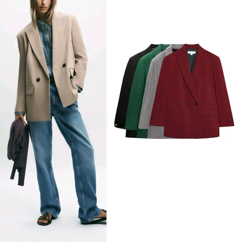 

Autumn New Loose Fit Long Sve Turn-down Collar Double-breasted oulder Pad Women's Suit Jaet Casual Sle Polyester Fiber