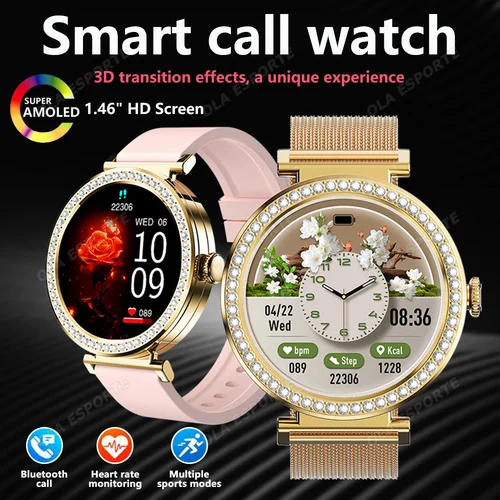 Reloj inteligente de circonio a la moda, pantalla AMOLED de 1,46 "", 5,4, llamada Bluetooth, monitoreo de temperatura y ritmo cardíaco, podómetro para reloj inteligente para mujer