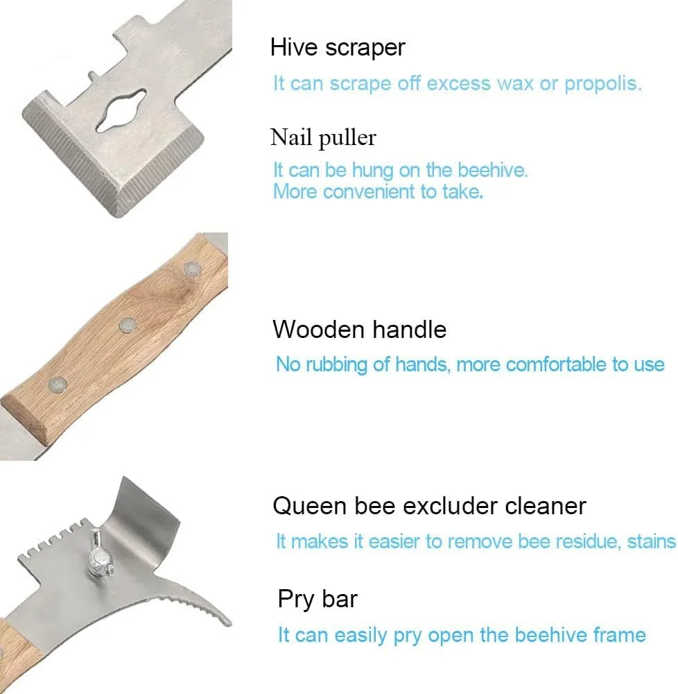 Multipurpose Steel Hive Tools with Wooden Handle and 7 Functions Beekeeping Hive Scraper Tool Professional Beekeeping