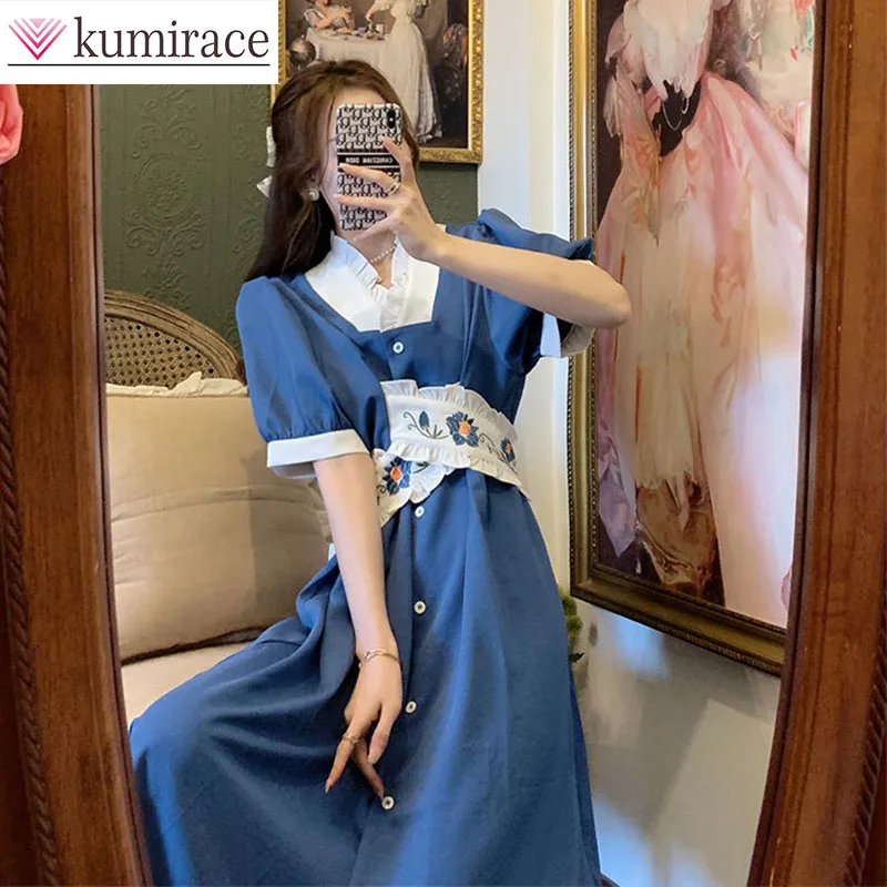 

2024 New Art Skirt Women's Gentle Style Blue Romantic Embroidered Retro French Dress Birthday Dress for Women Kawaii Clothes