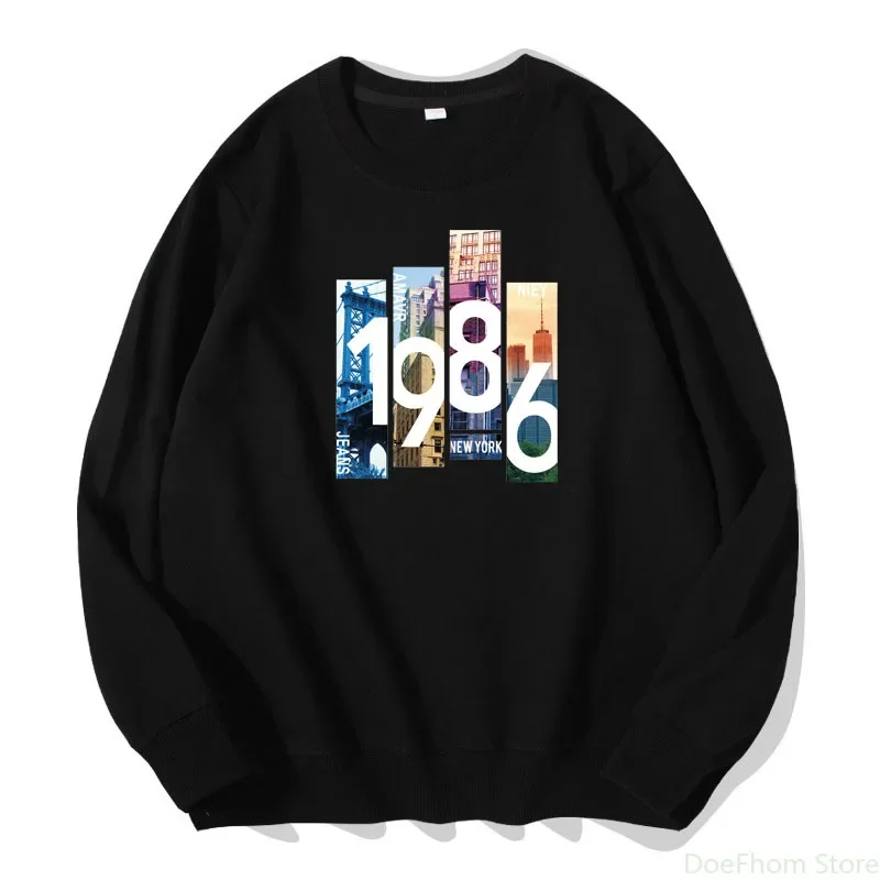 Spring Autumn Women Pullovers New Nostalgic US Buildings 1986 Sweatshirt Girl Pure Cotton Hoodies Long Sleeve Tops