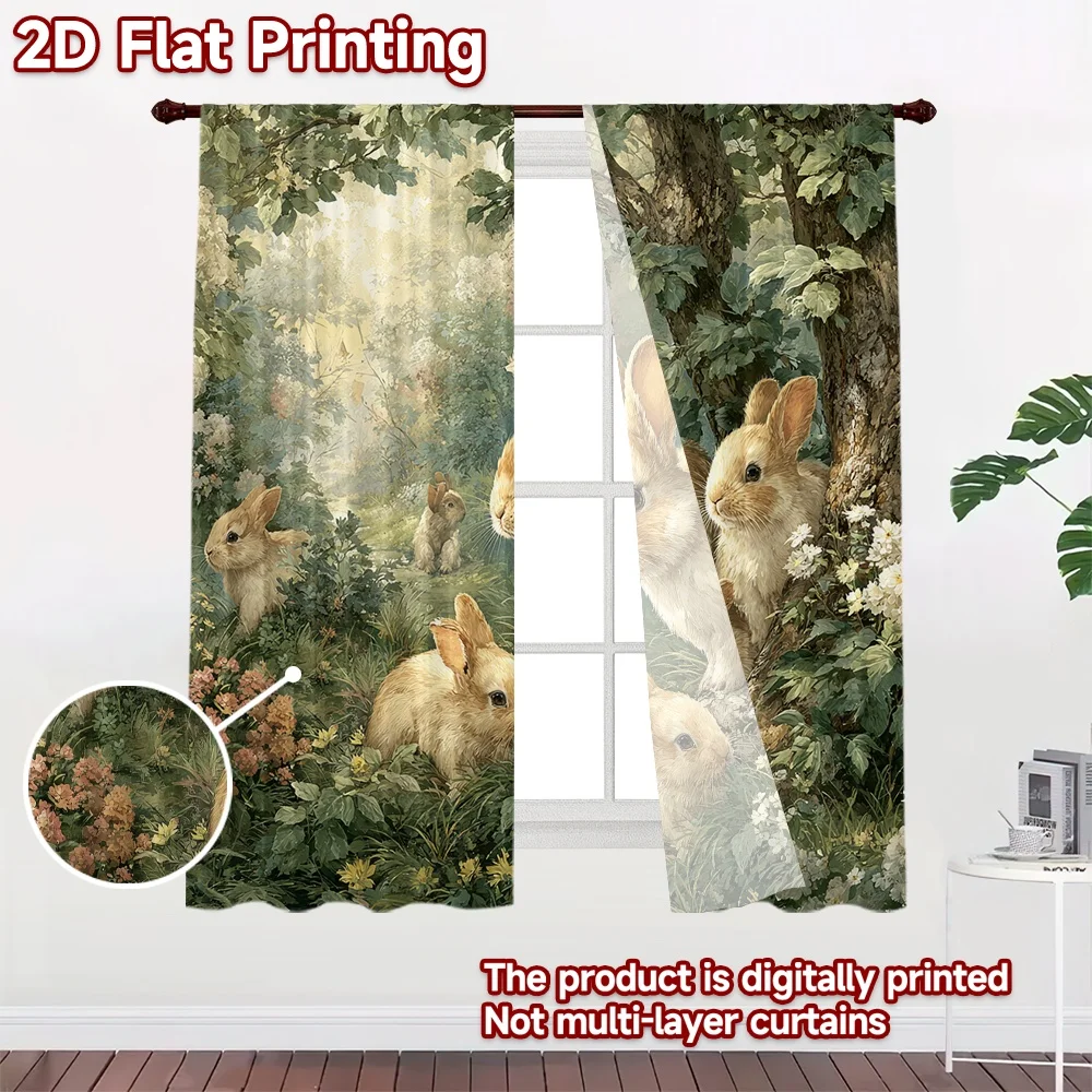 2D FLAT PRINTING 2pcs Curtains (Without Rod) Easter Rabbits in Spring Garden Popular Light Filtering Curtains Durable Polyester