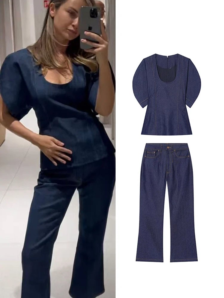 

TFMLN Casual Denim Top Pants Sets For Women Short Puff Sleeve Zipper Shirt Slim Fit Trousers Set Female 2026 Summer Outfits