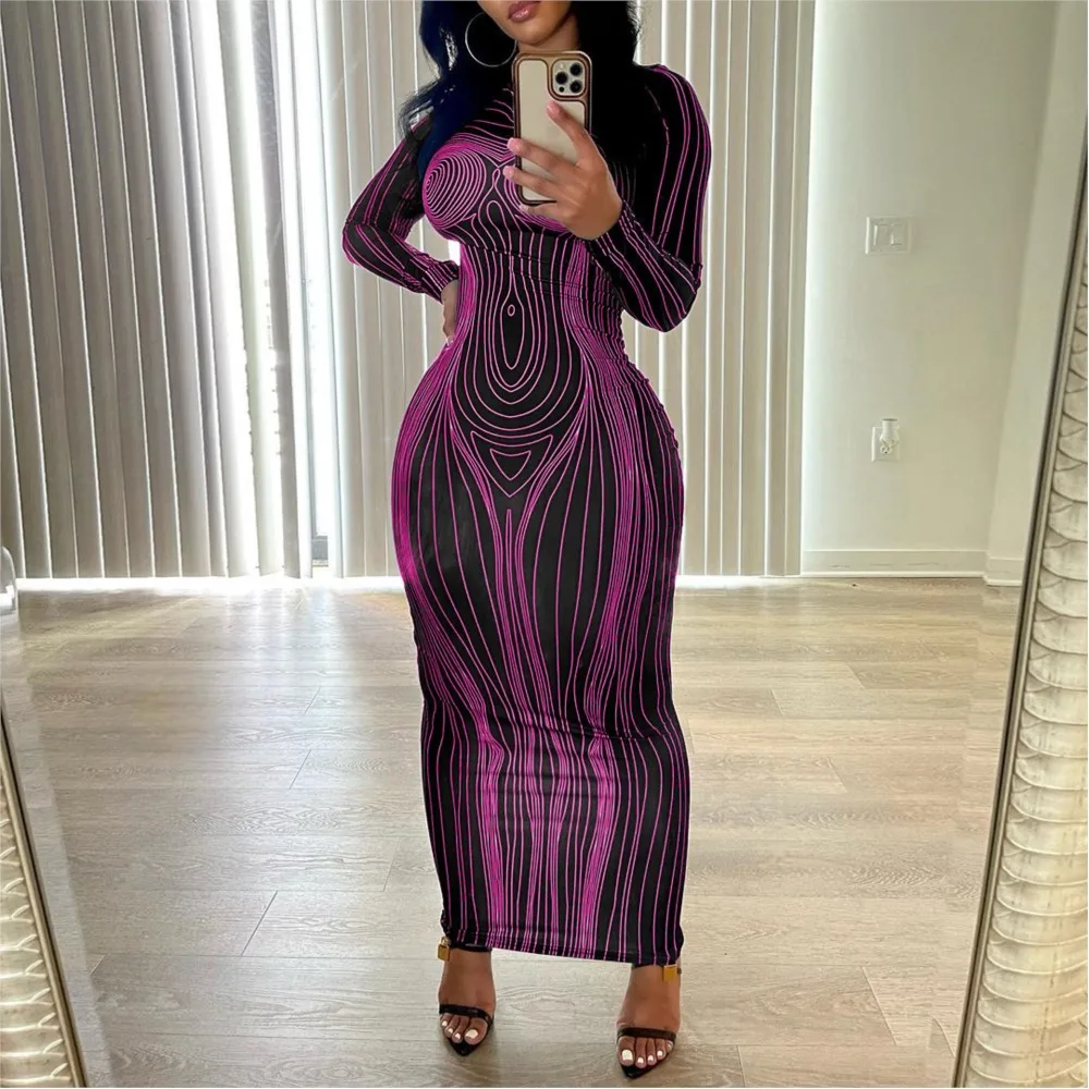 

Women Striped Backless Fashion Long Sleeve Bodycon Streetwear Party Club Long Dress Clothing Wholesale Items For Business