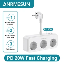 ANRMESUN Power Strip EU Plug AC Outlets Multitap Socket Extension wall plug  With USB Type C PD Fast Charging Adapter
