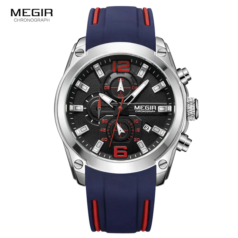 Megir Men\'s Chronograph Analog Quartz Watch with Date, Luminous Hands, Waterproof Silicone Rubber Strap Wristswatch for Man