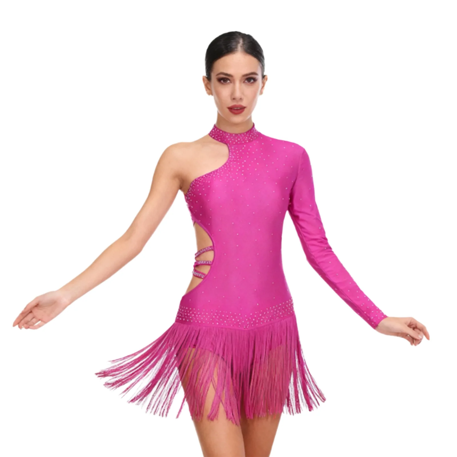 Womens Tango Latin dansvoorstelling kostuum enkele lange mouw taille te openen kruis bodysuit Cha-cha Samba schaatskostuum