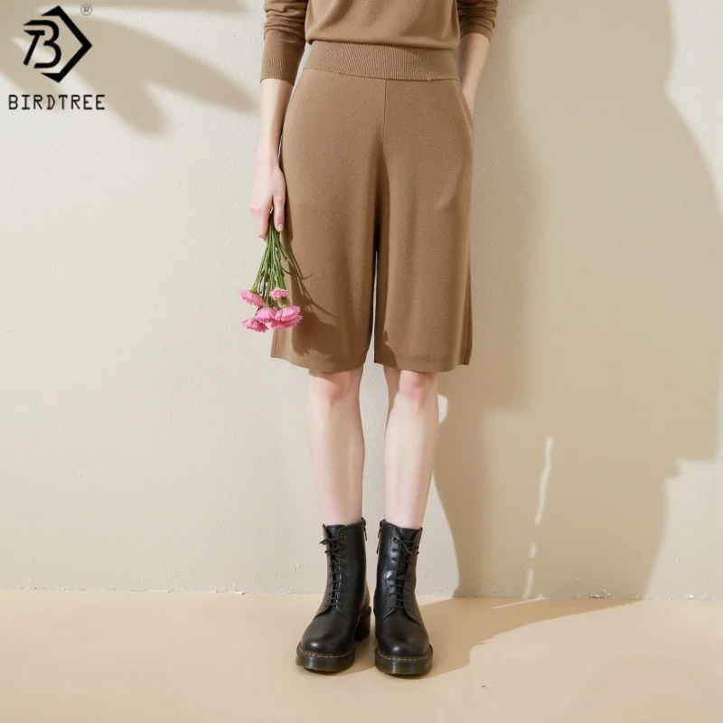 Birdtree 100% Sheep Wool Straight Pants,Women Worsted Spinning Autumn Elastic Waist Knit Half Pants With Pocket,2025 NewP58425JF