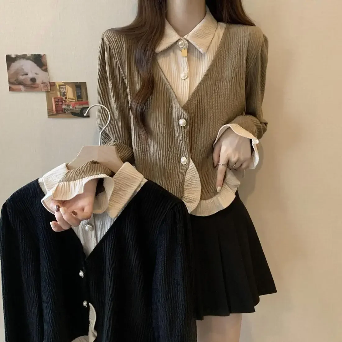 

Loose Slimming Versatile New Style Spring Autumn Top Plus Size Women's Long Sleeve Polo Shirt Single Button Decoration