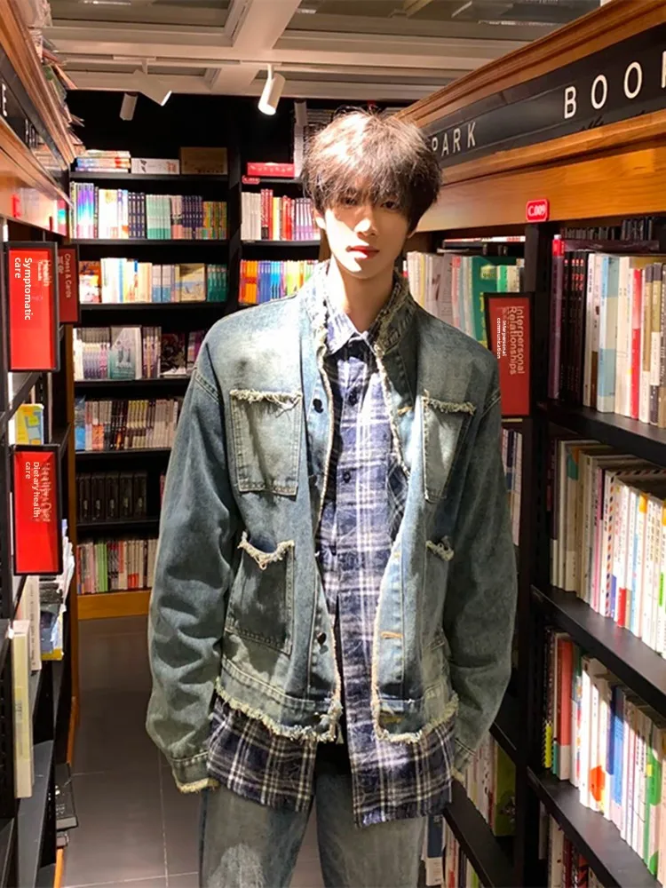 

Мужская джинсовая куртка Cleanfit, весна 2025, с эффектом потертости, воротником-стойкой, американским дизайном, длинными рукавами, верхняя одежда