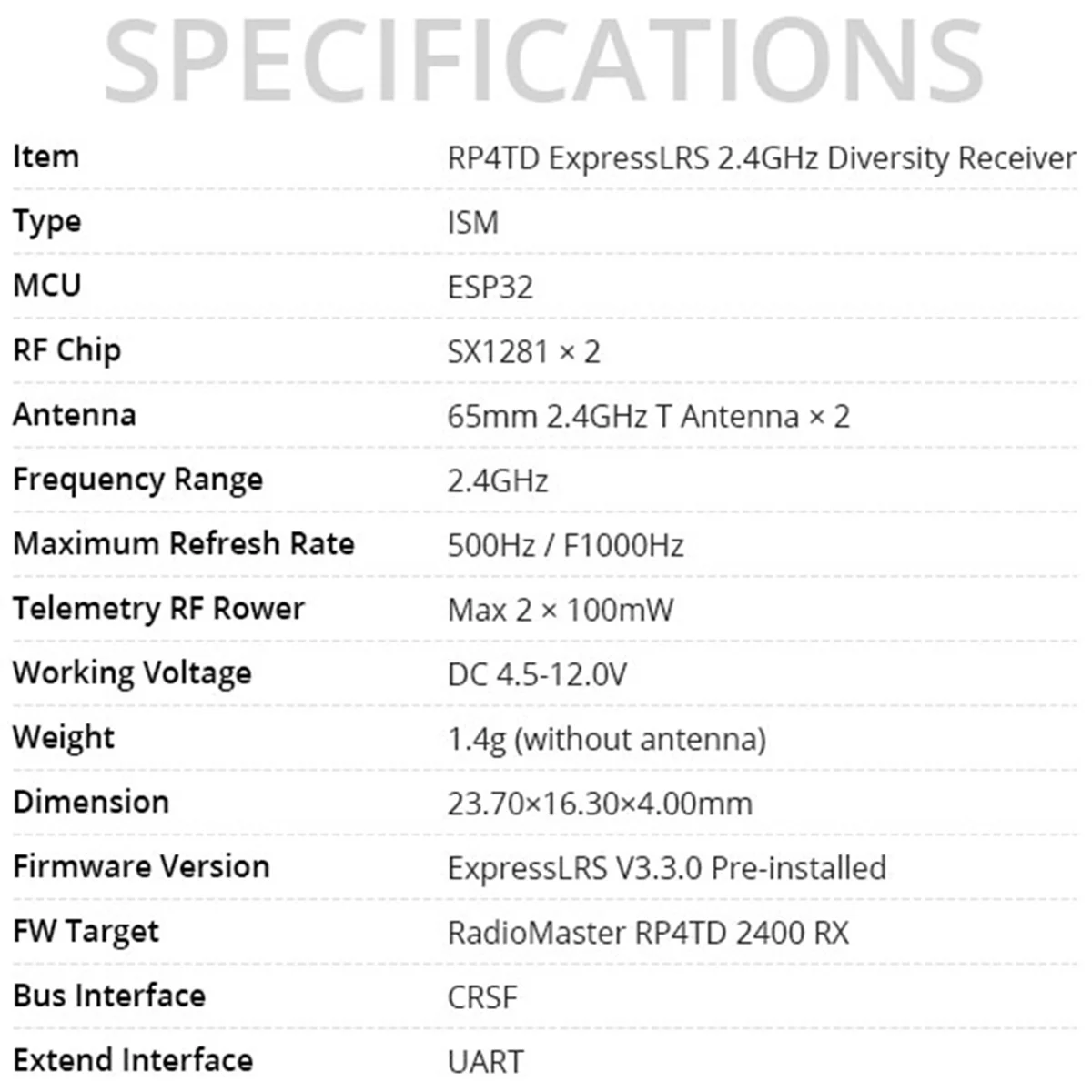 

For Radiomaster RP4TD ExpressLRS 2.4ghz Nano Receiver Built in WIFI TCXO(RP4TD FCC)