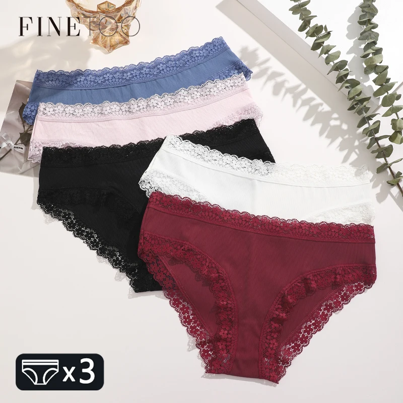 FINETOO 3Pcs Floral Lace Briefs Solid Striped Underwear Women Panties Sexy Comfortable Ladies Low-Waist Lingerie Intimates XS-XL