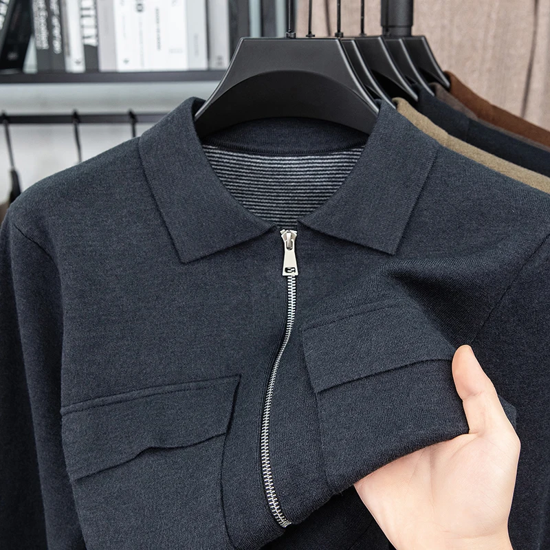 الرجال الفاخرة سترة مشغولة من الصوف طويلة الأكمام التلبيب سميكة سستة جيب مزدوج بلون الخريف الشتاء موضة الرجال عادية #3