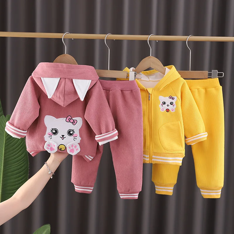 

‌2025 Winter Baby Girls Fleece Hoodie Set Cartoon Print Warm Thickened 2-Piece Outfit for Toddler Kids Casual Coat Pants