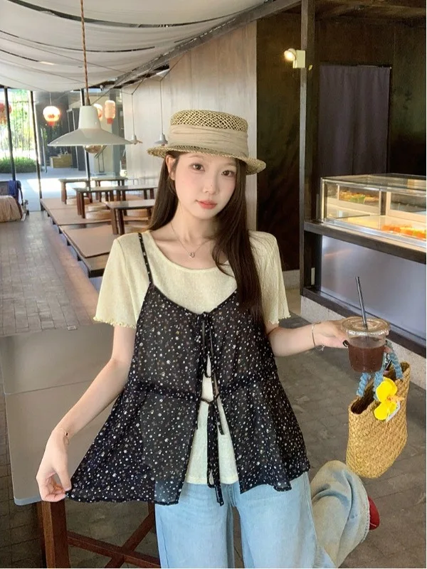 

plus Size Fashionable Floral Print Halter Neck Short Sleeve Top And Skirt Set Women's Korean Style Summer Outfit with Wood ...