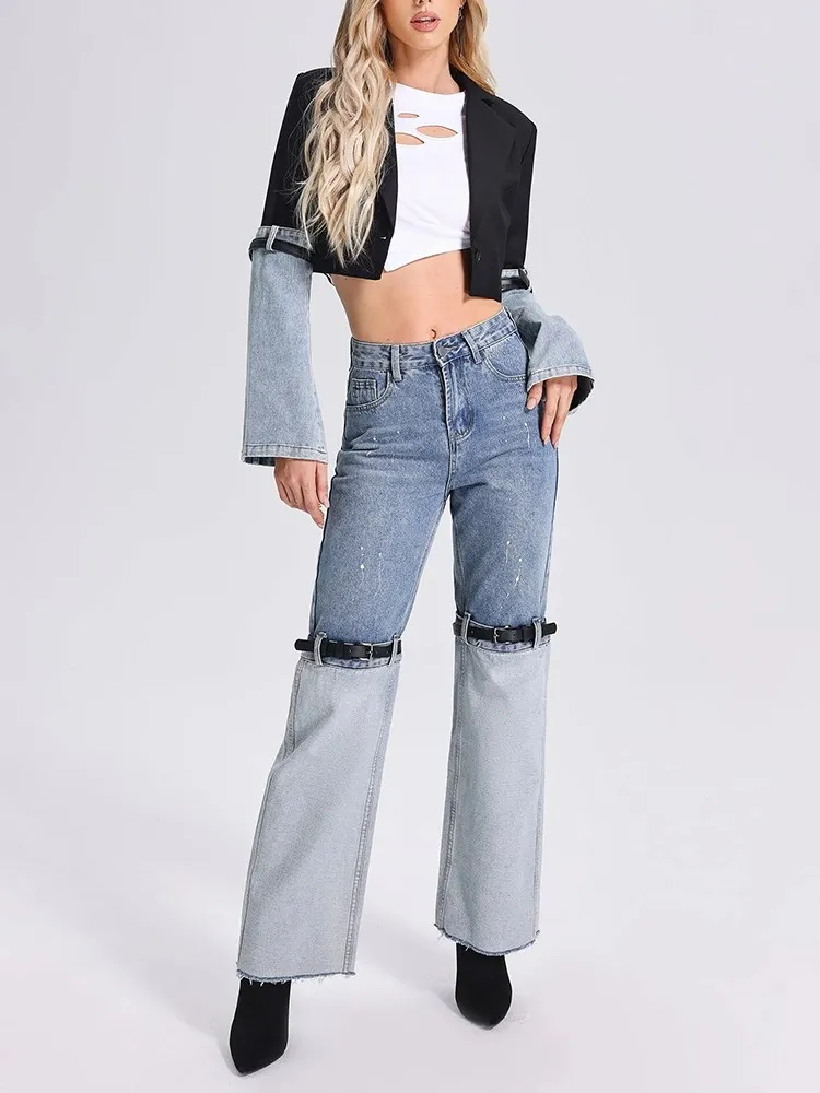 Twotwinstyle Colorblock Streetwear Patchwork Riem Broek Voor Vrouwen Hoge Taille Gesplitst Denim Chique Denim Broek Dames Nieuw