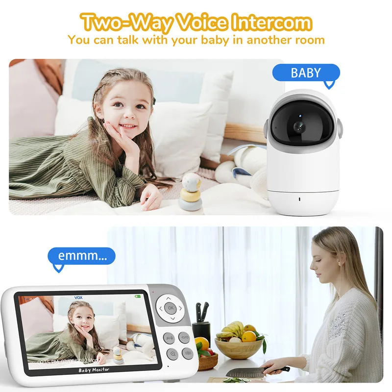 Monitor de vídeo para bebês de 5,0 polegadas, com câmera de vigilância com zoom digital de 3x, intercomunicador bidirecional, babá com visão noturna automática, babá de segurança