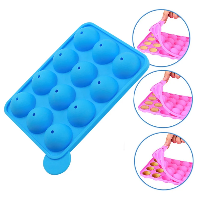 Silicone Round Lollipop Mold, DIY Cake Pop Mold, Chocolate Cookie and Candy Baking Mould, Ice Tray Stick Tool, 12 Holes