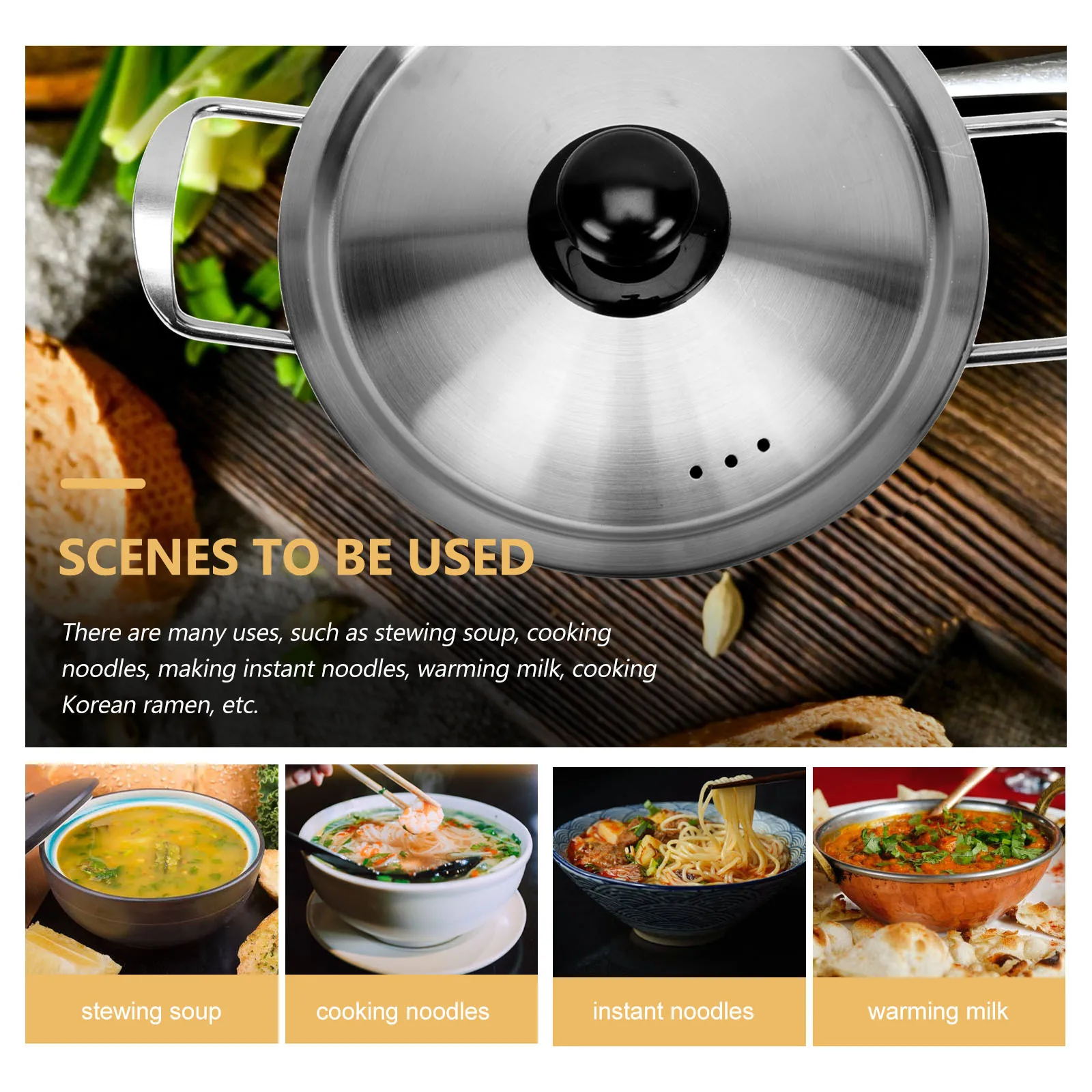 

1Set Double Handle Korean Instant Noodle Pot Stainless Steel Cooking Pot Suitable for Ramen Soup Milk Heating Multi-Function