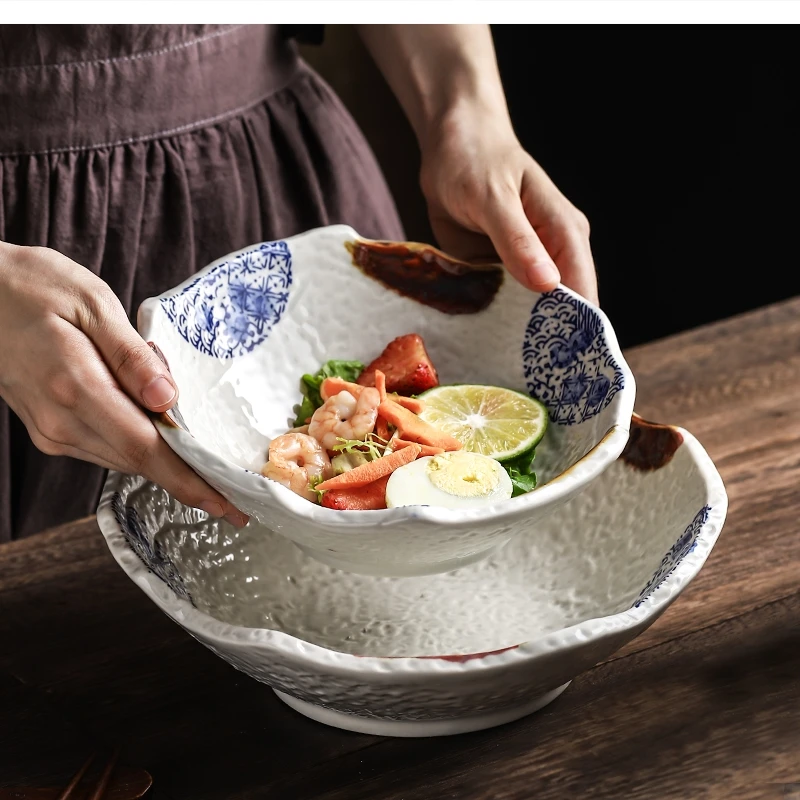 10 Inch Japanese Art Ceramic Cooking Soup Noodle Bowl  Home 8 Irregular Sashimi Fruit Salad Dessert Kitchen Tableware