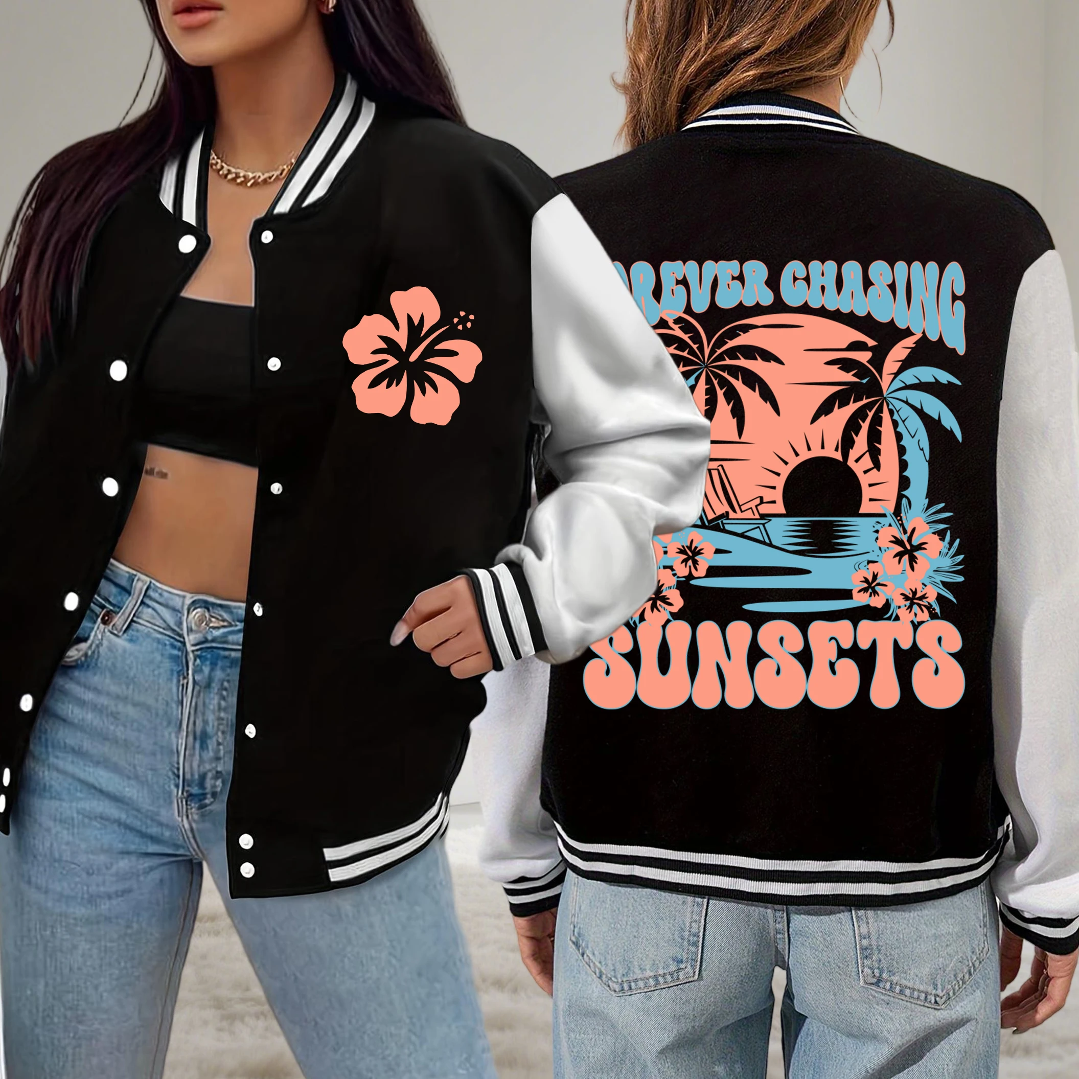 

Forever Chasing Sunsets Beach Coconut Tree Print Jackets Women Autumn Warm Baseball Uniform Fleece Woman Loose Streetwear