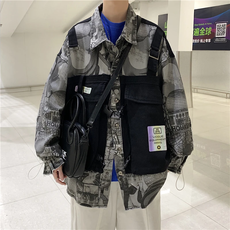 Fake Two-Piece Denim Jacket Men Hip Hop Patchwork Jeans Cargo Coat Male Spring Autumn Vintage Loose Casual Streetwear Outerwear