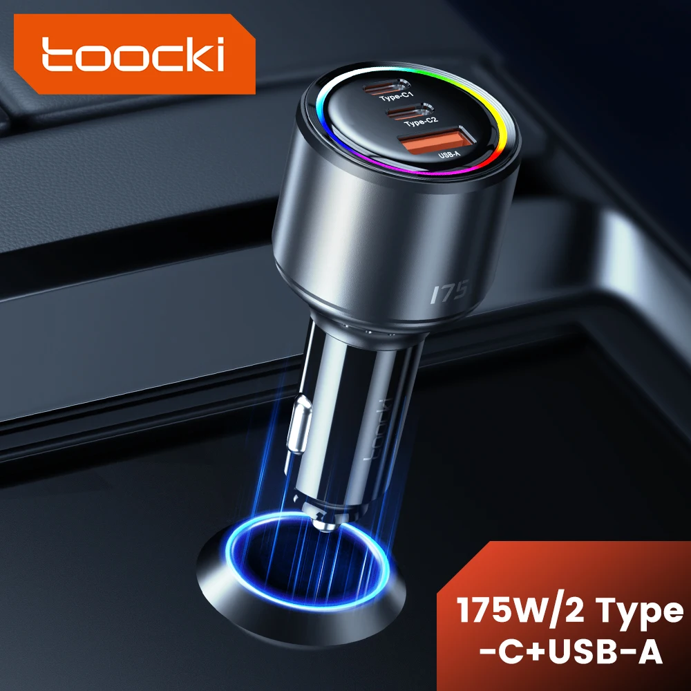 Toocki 175W Dual USB C + USB Super Fast Charge Car Charger PD 100W Type C Adapter With Colorful Light Car Charger For Phone