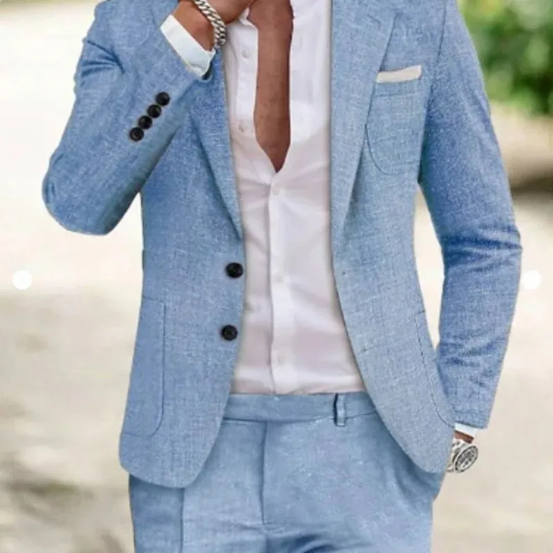 

Men's England Style Casual Blazer 2 Piece Set Spring New Solid Color Single Breasted Slim Fit Big Pocket Jacket Trousers Suit