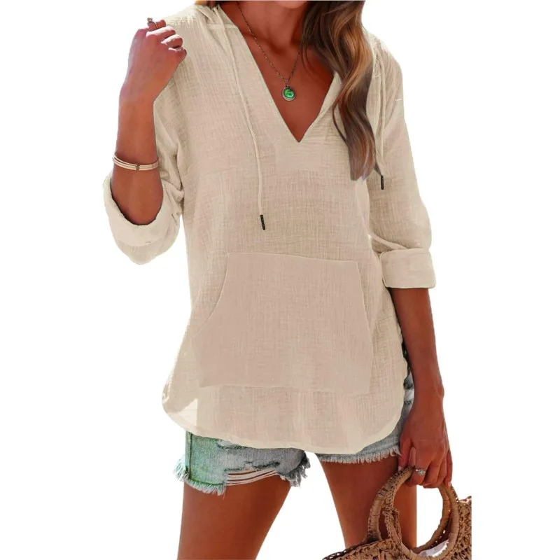 

Casual Basic Women's Top Spring Summer Fashion Solid Hoodie Strap Design V-neck Loose Shirt Ladies Versatile Blouses With Pocket