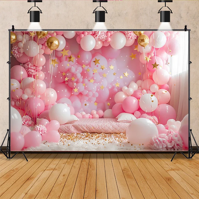 

Baby Room Happy Birthday Photography Backdrops Props Newborn Party Decoration Balloons Arch Floral Theme Photo Background QQ-12