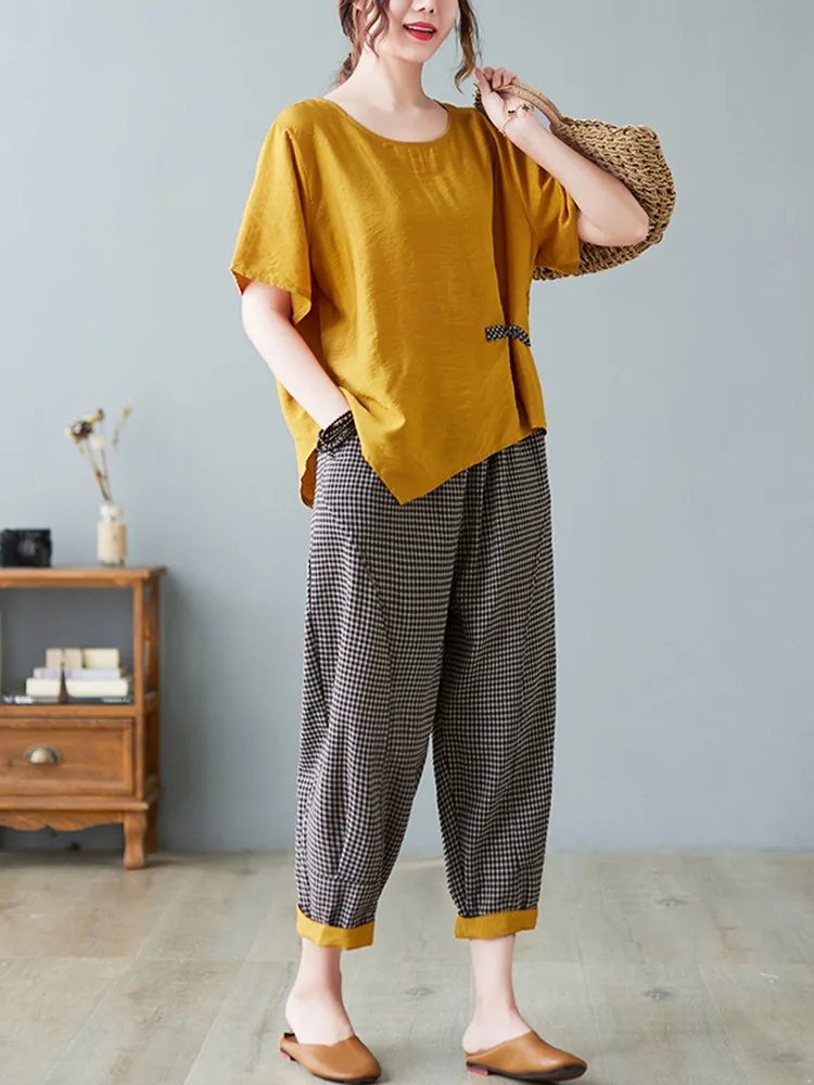 New 2 Piece Sets Women Casual T-shirt And Ankle-length Pants New Arrival 2024 Summer Vintage Style Loose Female Pant Suits