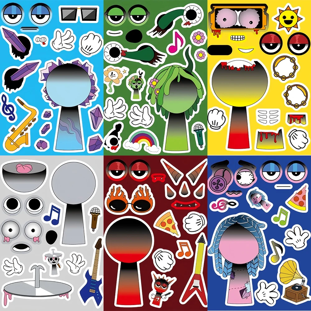

8/16Sheets Funny Game Incredibox Sprunki Puzzle Sticker Make a Face Decals Kids Toys Cartoon Assemble Jigsaw Children Party Gift