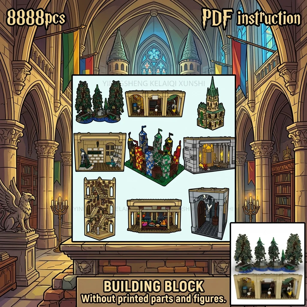 

MOC Classic British Boarding School Expansion Building Blocks Gothic Castle Grand Staircase Stadium Diorama Adult Desk Decor