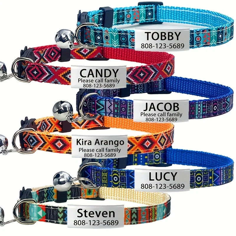 Soft cat collar with Bohemian floral and geometric patterns - including personalized ID tags, colorful ethnic style kittens