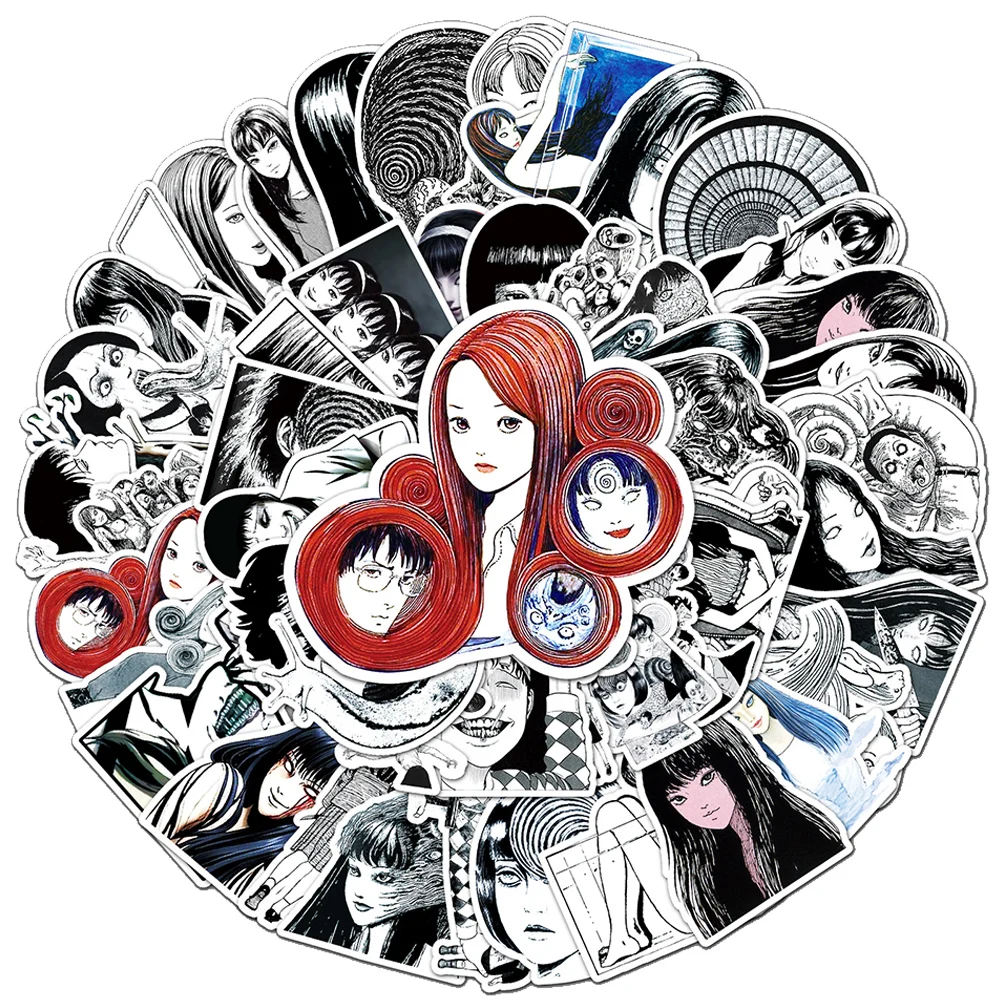 10/30/50 قطعة ملصقات أنمي مرعبة تومي كاواكامي، ملصقات كرتونية باللونين الأسود والأبيض، ملصقات مانغا جونجي إتو الرائعة لتزيين الحقائب ولوح التزلج