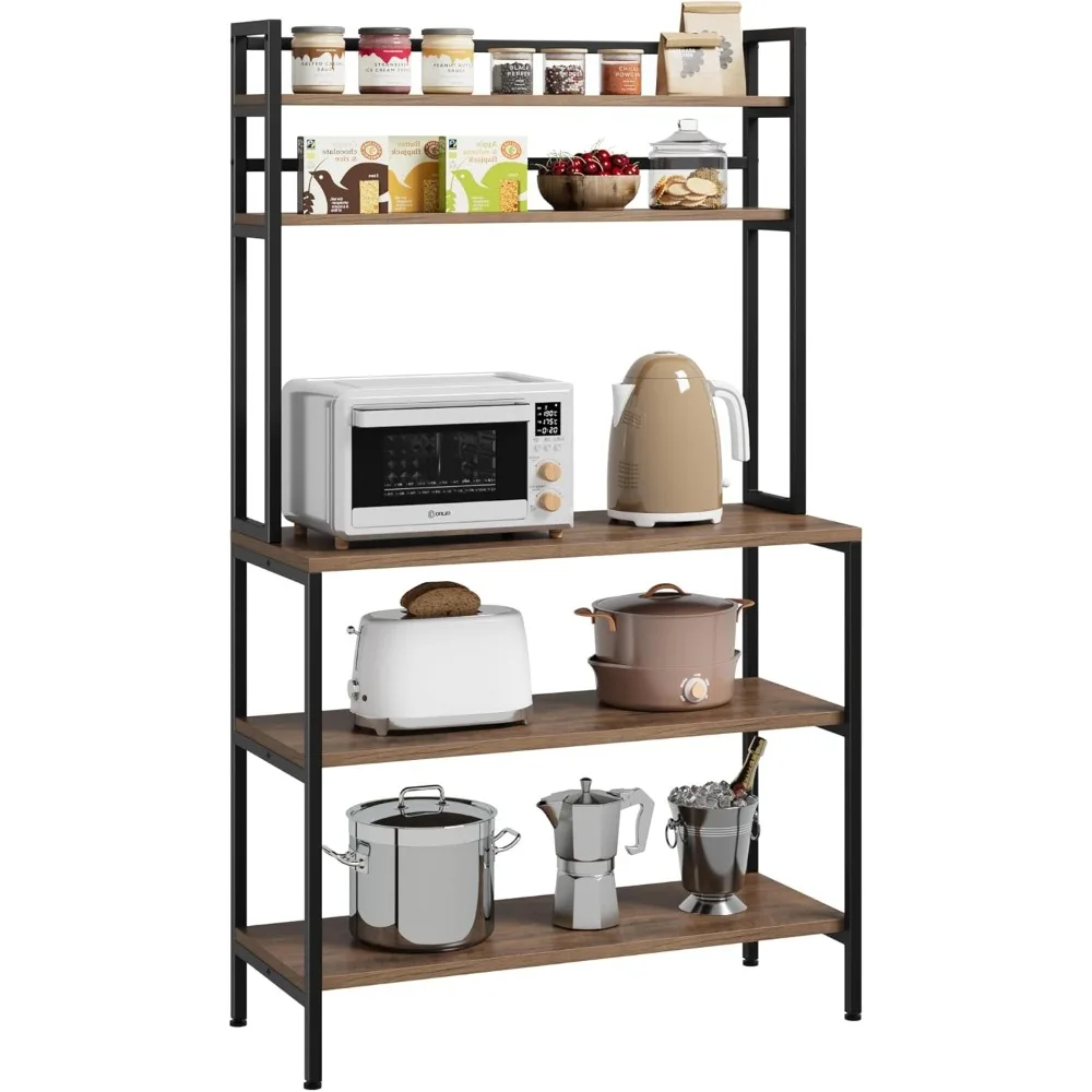 

Bakers Rack with Storage, 5-Tier Free Standing Kitchen Shelves, Industrial Coffee Bar with Hutch, Microwave Oven Stand Counterto
