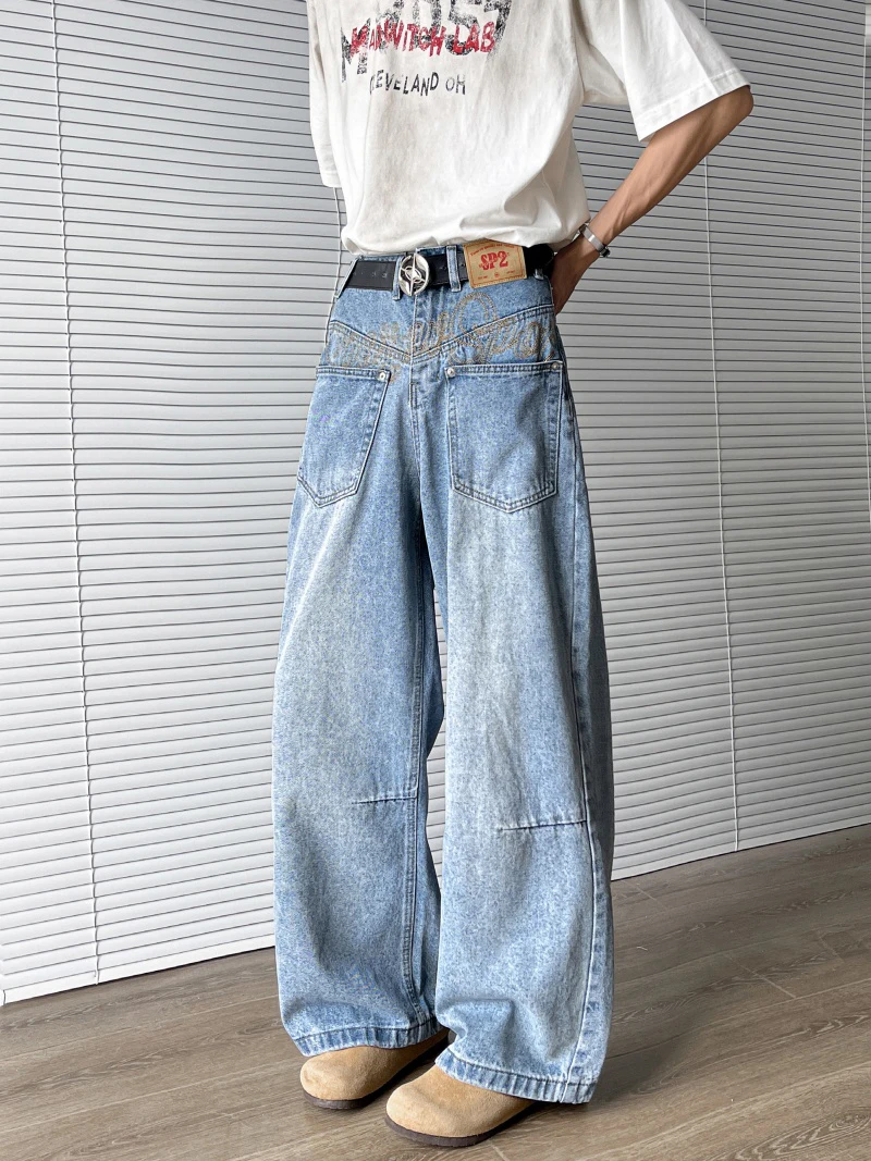

American Sle Loose Casual Wide Leg Jeans Men's Faion Brand Waed Straight Tube Pants Trousers Youth Trend Zipper Fly