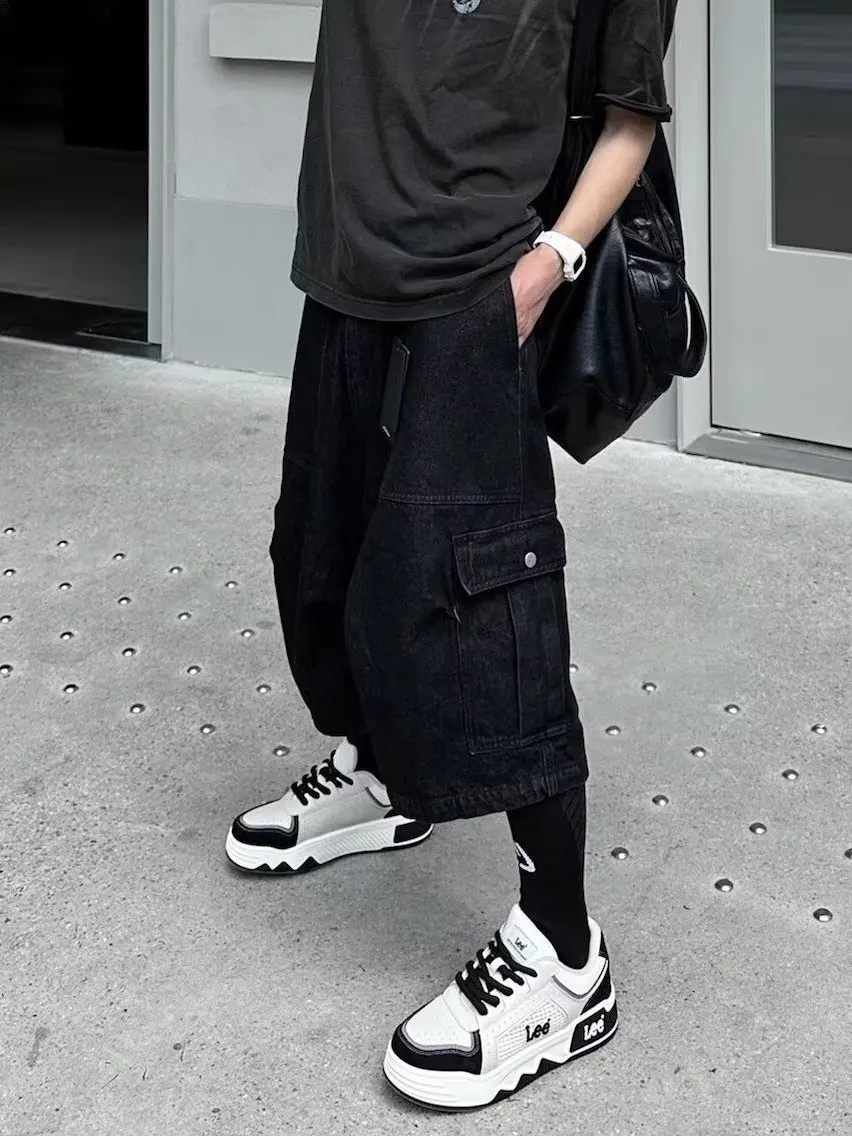 Trendy Japanese Streetwear Workwear orts Men's Summer Loose Casual Wide Leg Seven-Foot Pants with Big kets Faionable