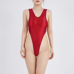 Transparent Women's High Cut Bodysuits Swimsuit Thin Oily Glossy Sexy Sleeveless Jumpsuits Lingerie Female Tights