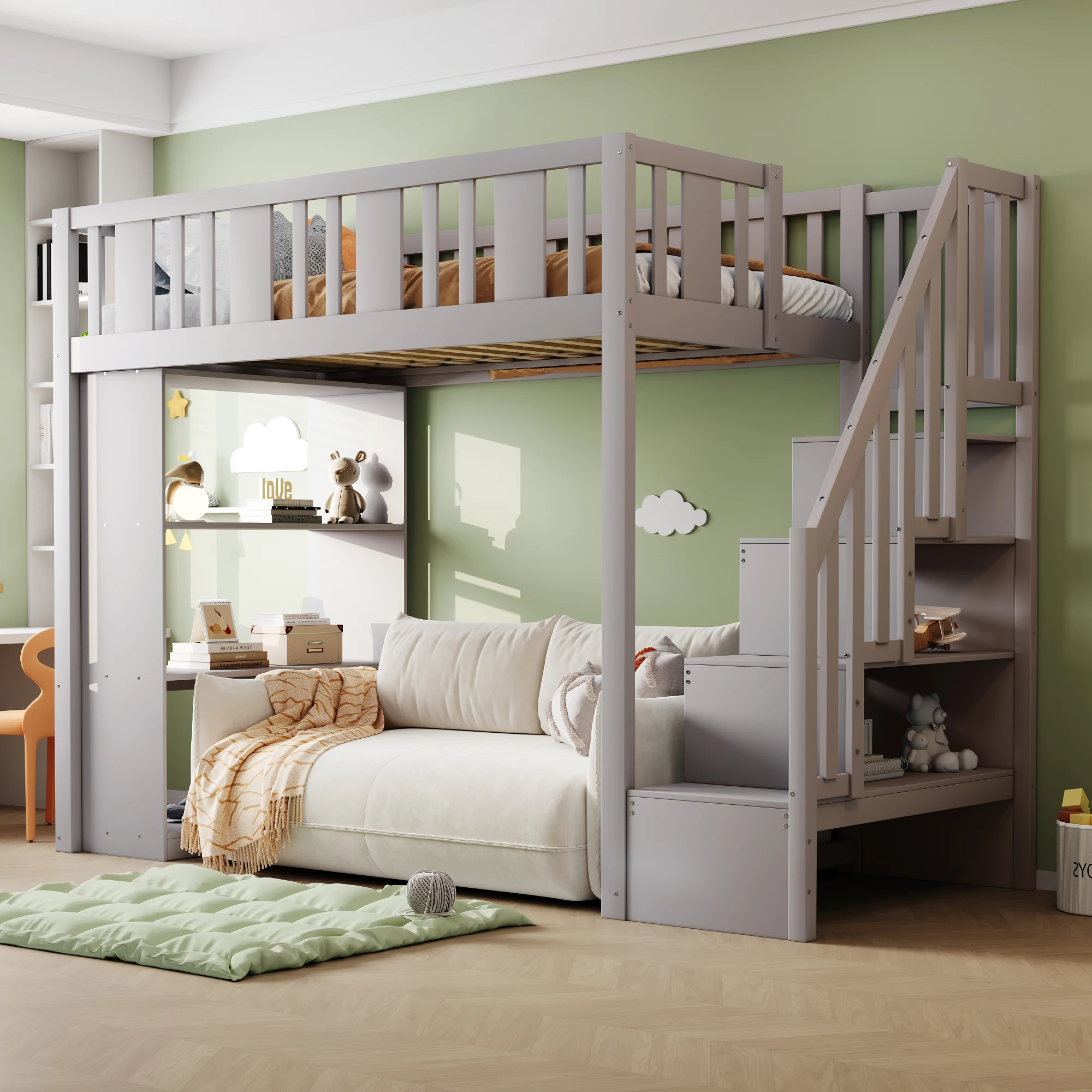 Lit mezzanine pour enfants avec escalier de rangement, lit superposé en pin massif avec 3 grandes étagères, barrière de sécurité, lit fonctionnel gain de place pour enfants et adolescents, gris (matelas non inclus)