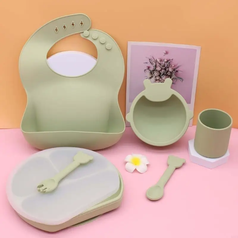 مريلة سيليكون للأطفال مقسمة طبق عشاء وعاء شفط ملعقة شوكة كوب مجموعة أدوات المائدة L8RB #4