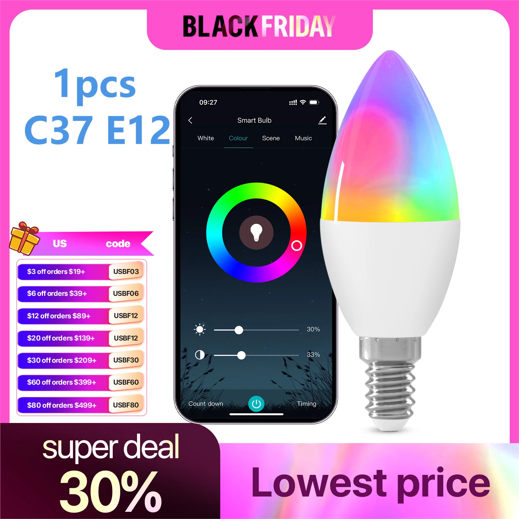 RGB Smart Light Buld C37 E12 5W Smart life Voice Control Dimmable Multicolors 2700K-6500K LED Magic Buld Work With Alexa Google