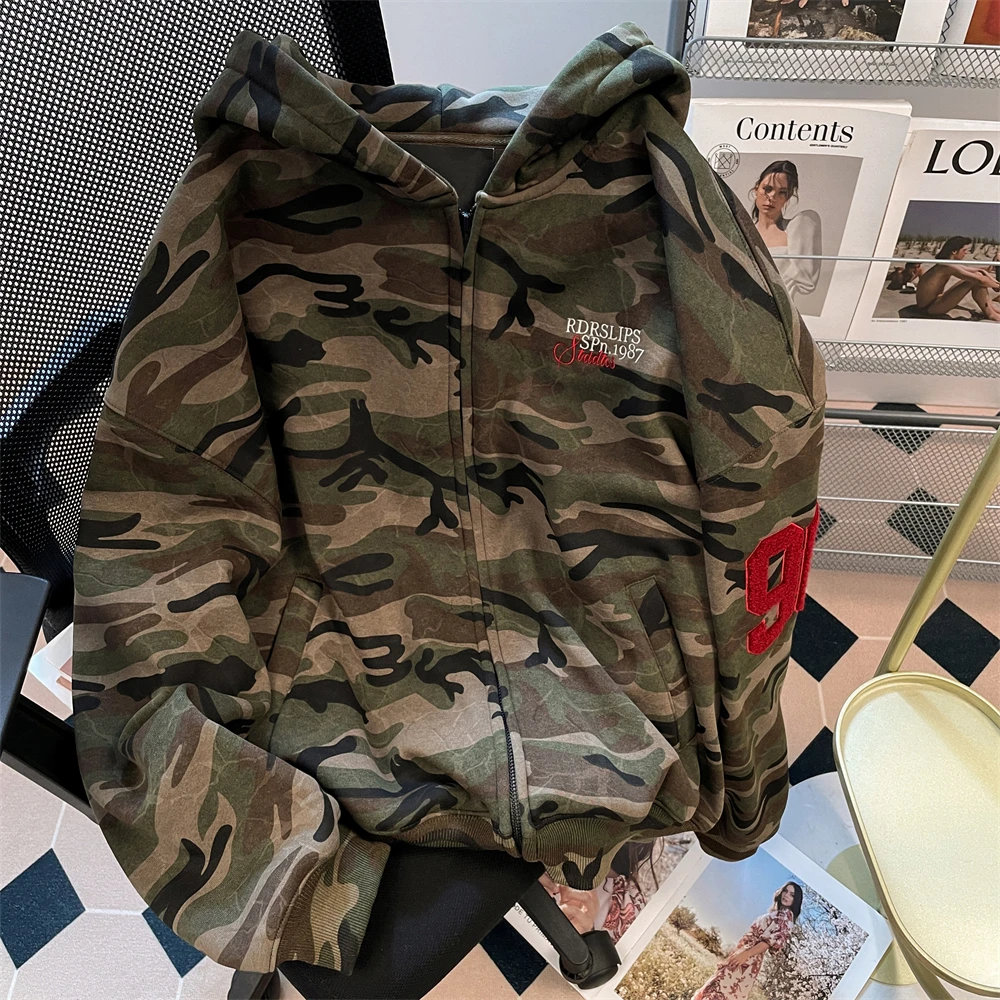 

High Street американская камуфляжная толстовка с вышивкой букв, женская осенняя модная пара, открытый кардиган на молнии, топ Jaet