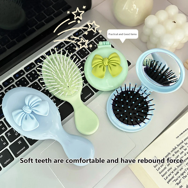 Cute Handheld Folding Massage Comb With Makeup Mirror Travel Portable Plastic Airbag Small Hair Brush Bow Tie Air Cushion Comb