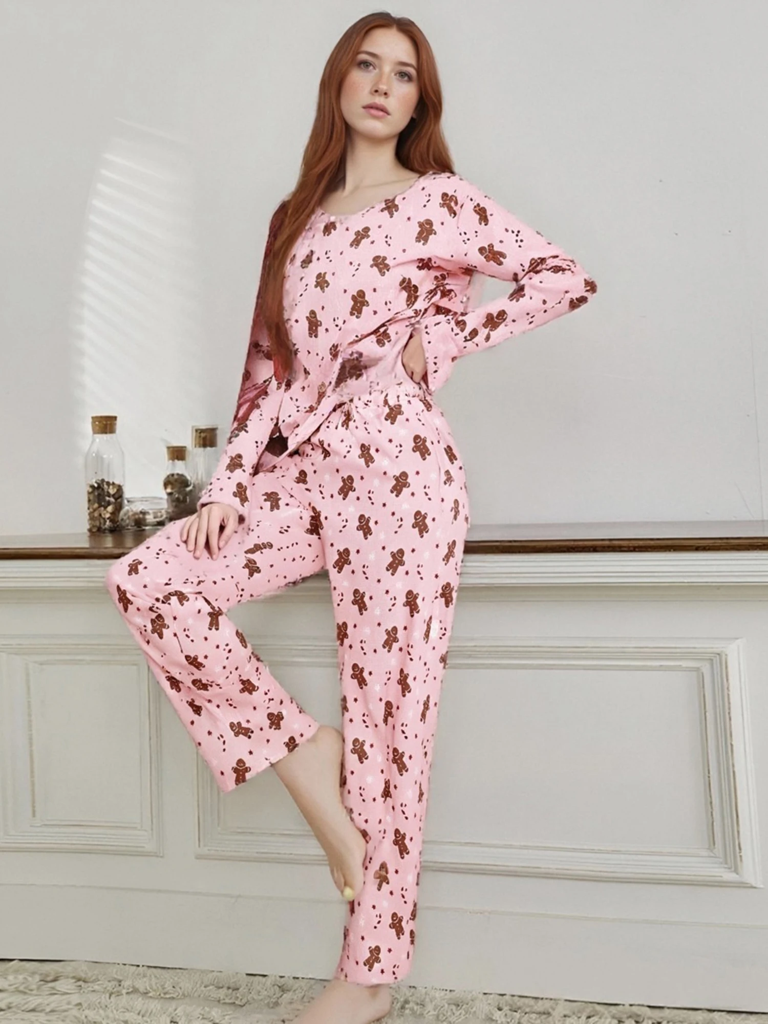 Roupas femininas de Natal casual estampa de pão de gengibre tops de manga comprida e calças elásticas conjunto de 2 peças streetwear