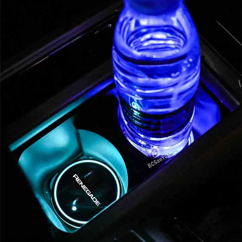 Luminous LED Car Cup Holder Coaster for Jeep Renegade 7 Colors Changing USB Charging Vibration Sensor Anti Slip Pad Custom Logo