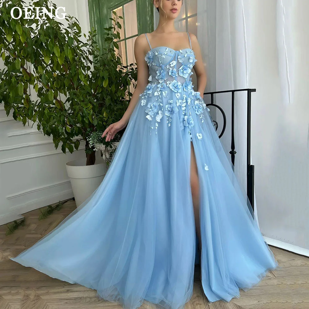 

OEING Fairy Elegant Sky Blue Tulle Long Prom Dresses 2025 Spaghetti Straps Side Split Party Formal 3D Flowers Evening Gowns