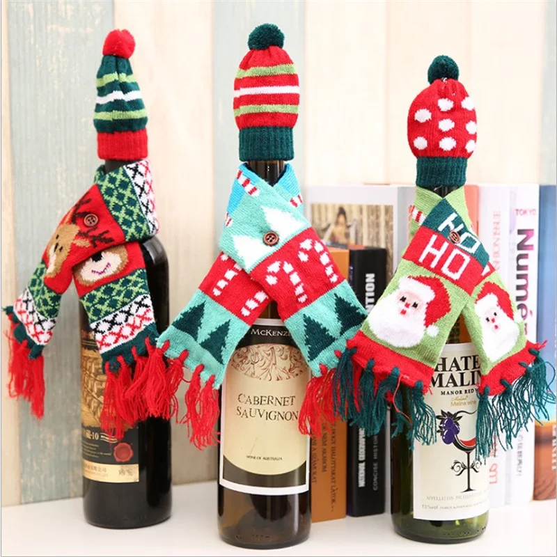 Christmas Wine Bottle Cover Knit Sweater Wine Bottle Decor Cute Santa Claus Elk Scarf Hat Decor Christmas Party Table Decoration