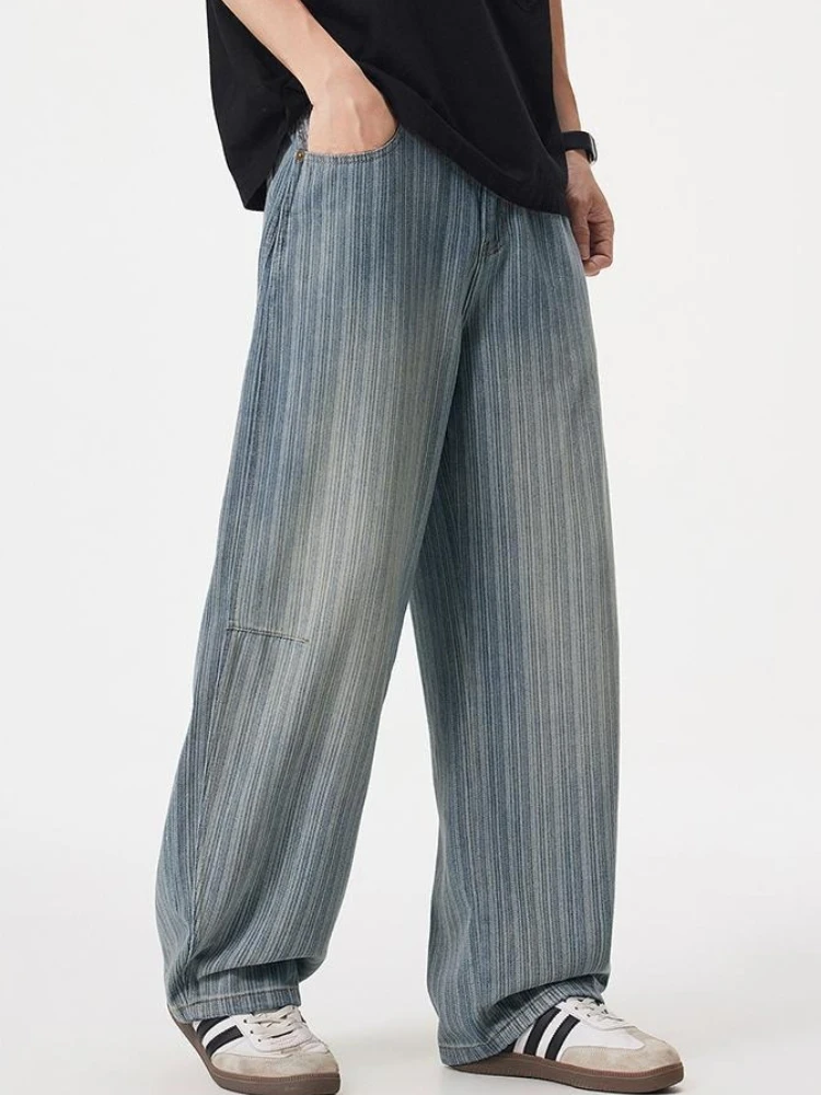 Summer Mens Thin Washed Blue Vertical Striped Wide Leg Jeans Casual Curved Hem Long Denim Bottoms