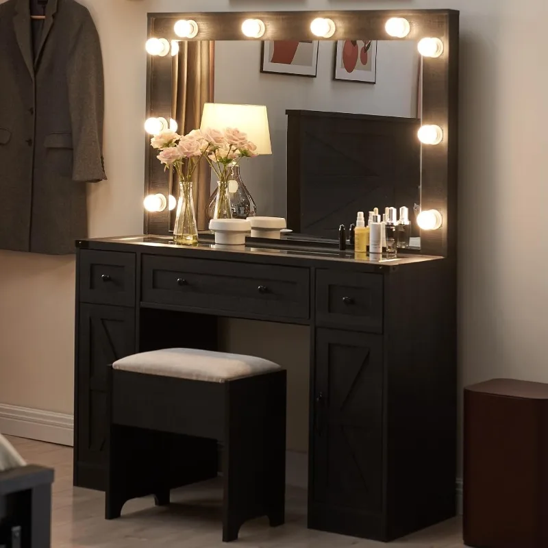 Farmhouse Vanity Desk with Makeup Mirror - Ample Storage Space with 3 Drawers & 2 Cabinets - Detachable Light Bulbs